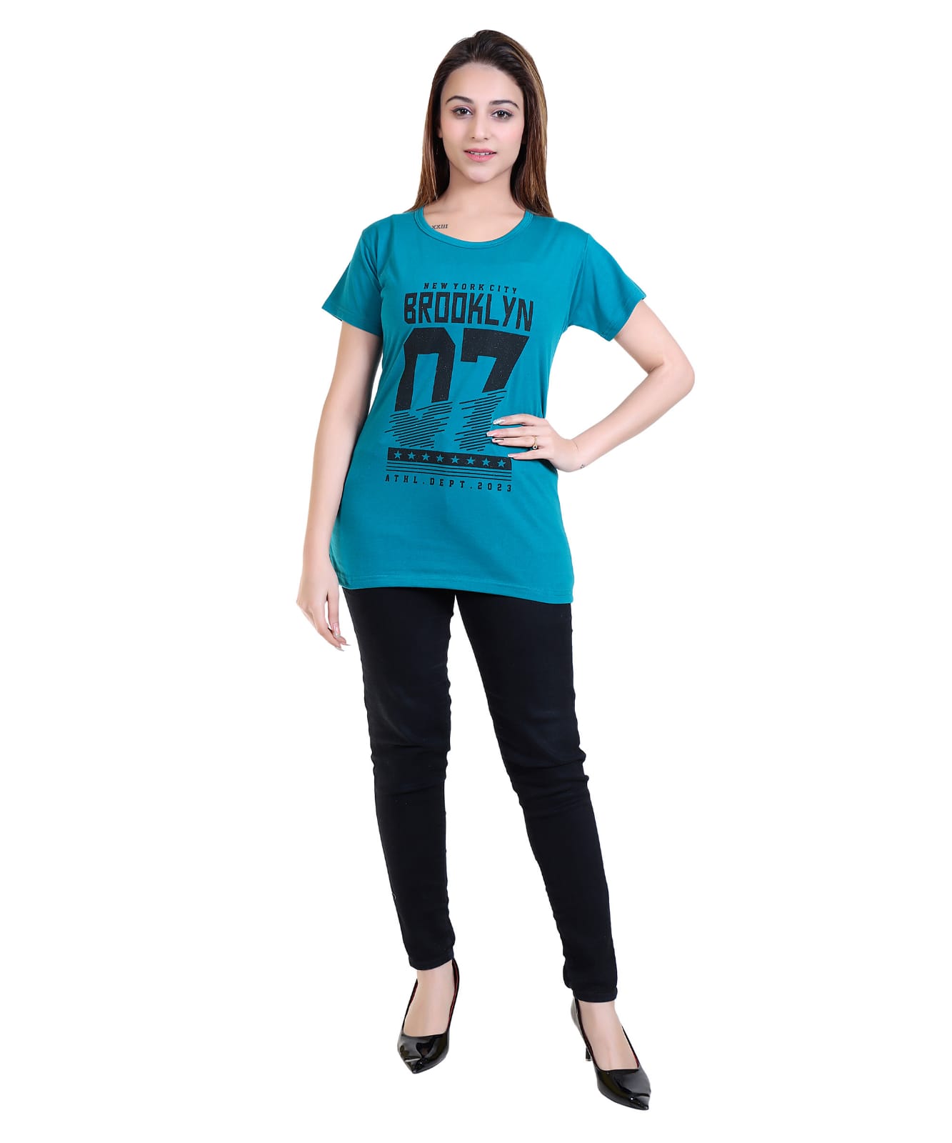 Women Printed Cotton Blend T-Shirt | Brooklyn 07 Graphic Round Neck Short Sleeve Casual Top for Girls (Teal Blue)-Size-4XL