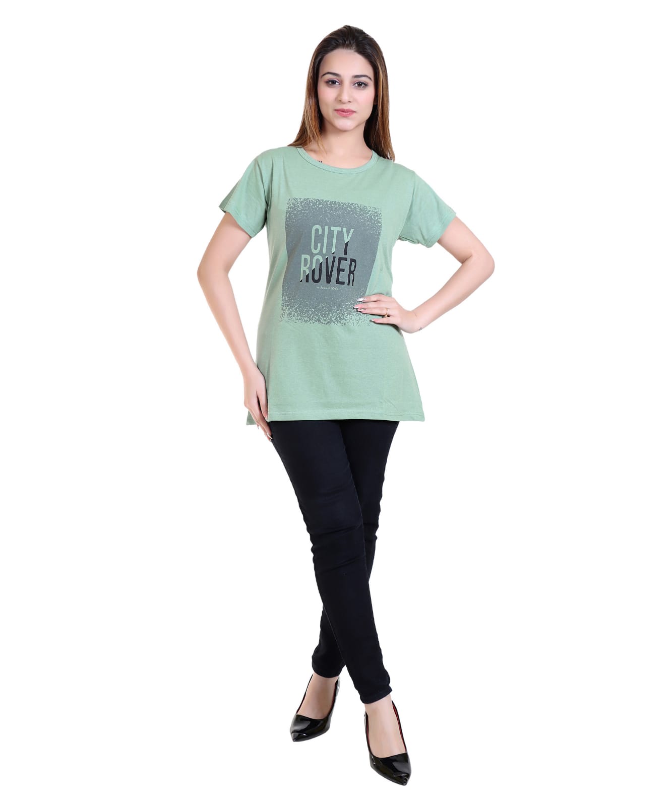 Women Printed Cotton Blend T-Shirt | City Rover Graphic Round Neck Short Sleeve Casual Top for Girls (Light Green)-Size-4XL