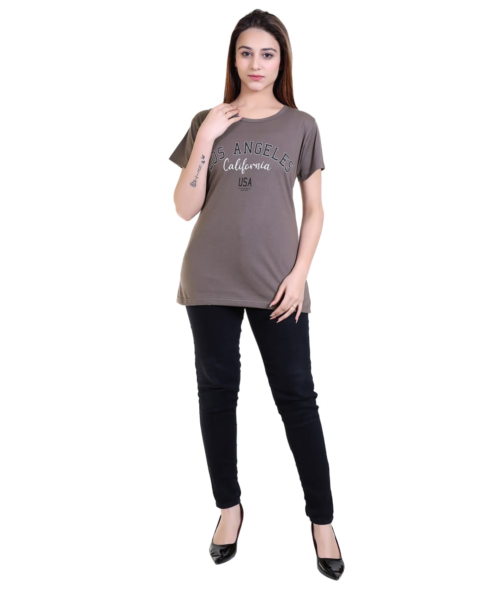 Women Printed Cotton Blend T-Shirt | City Rover Graphic Round Neck Short Sleeve Casual Top for Girls (Grey)-Size-4XL