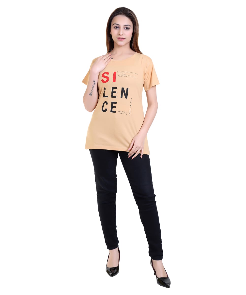 Women Printed Cotton Blend T-Shirt | Silence Graphic Round Neck Short Sleeve Casual Top for Girls (Beige)-Size-4XL