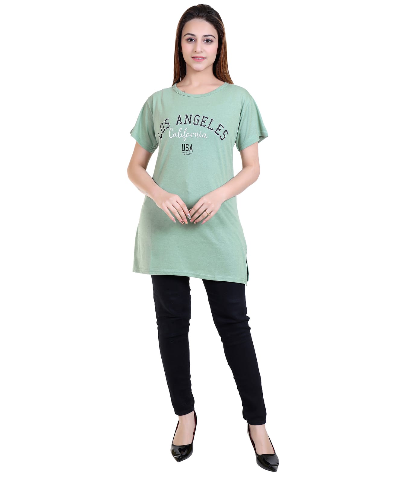 Women’s Printed Longline T-Shirt | Los Angeles Graphic Tee | Cotton Casual Top for Girls-Size-8XL