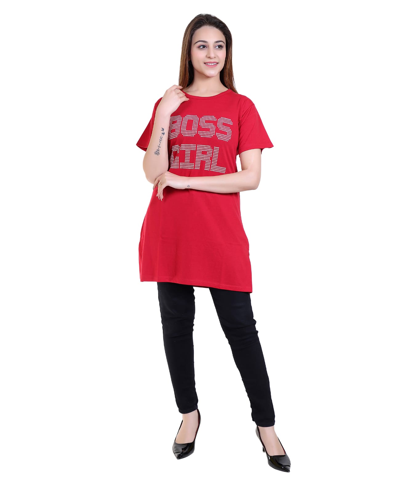 Women Printed Long T-Shirt | “Boss Girl” Graphic Long Top | Casual Cotton Round Neck T-Shirt for Girls (Red)-Size-8XL