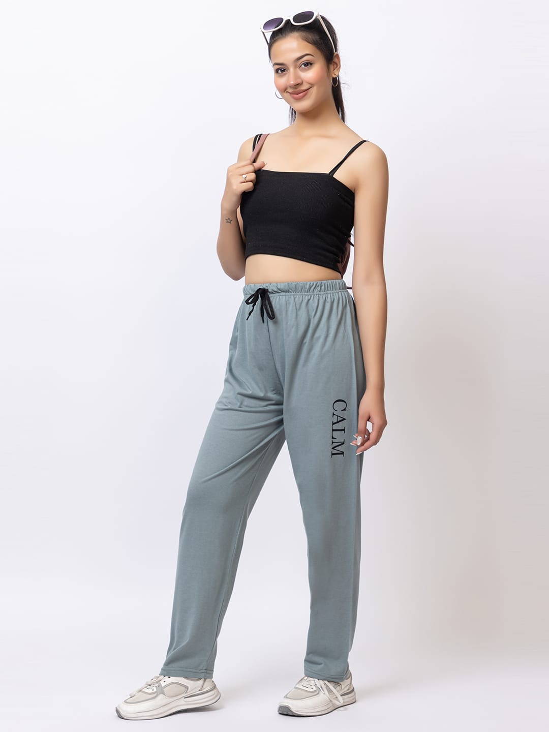 Women’s Grey Green Relaxed Fit Joggers with “CALM” Print | Soft Fabric Elastic Waist Track Pants | Casual & Sports Wear Lower-Size-5XL