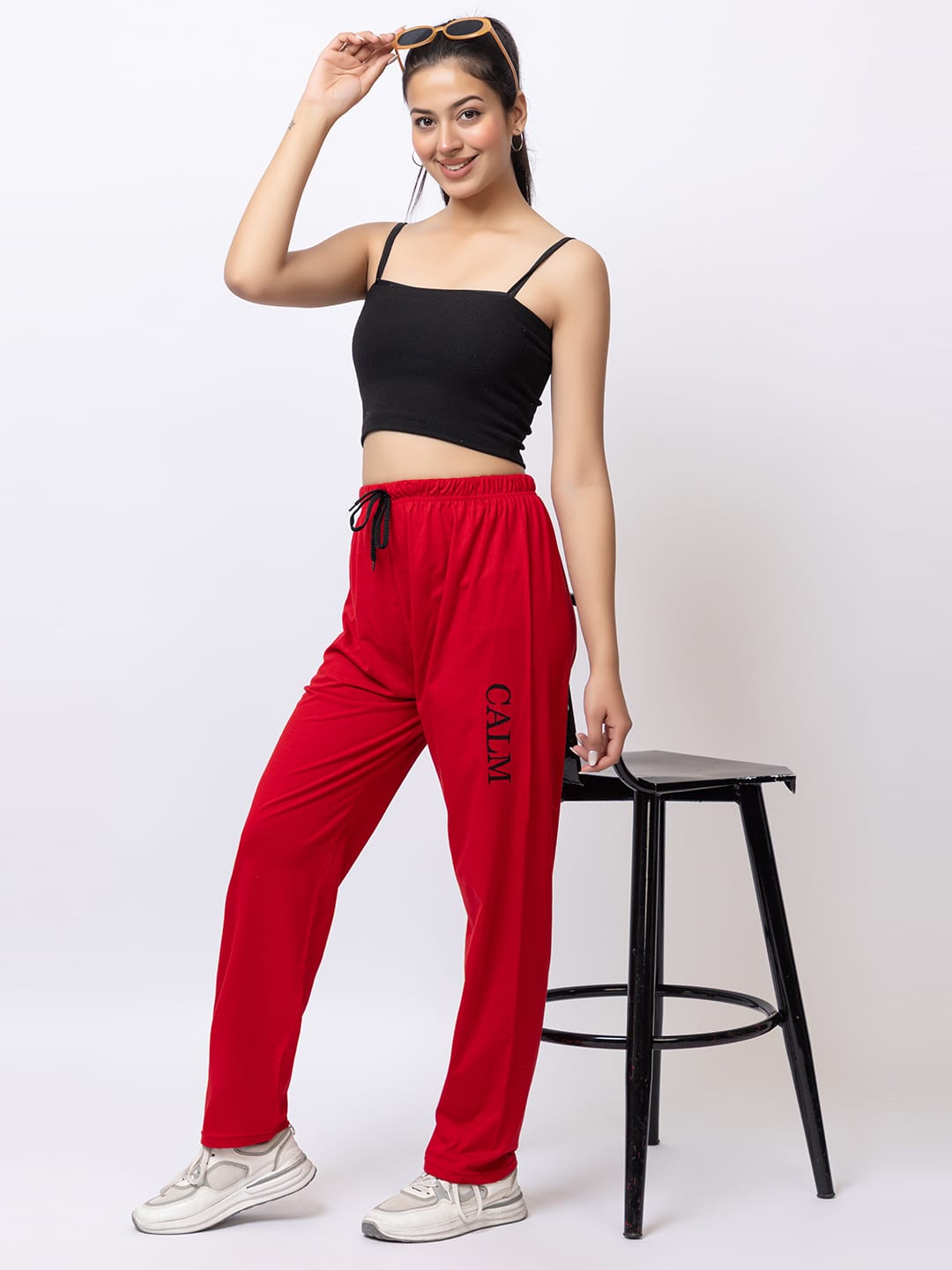 Women’s Red Cotton Joggers with “CALM” Print | Stylish Lounge Pants | Elastic Waist Casual Track Pants for Women-Size-5XL