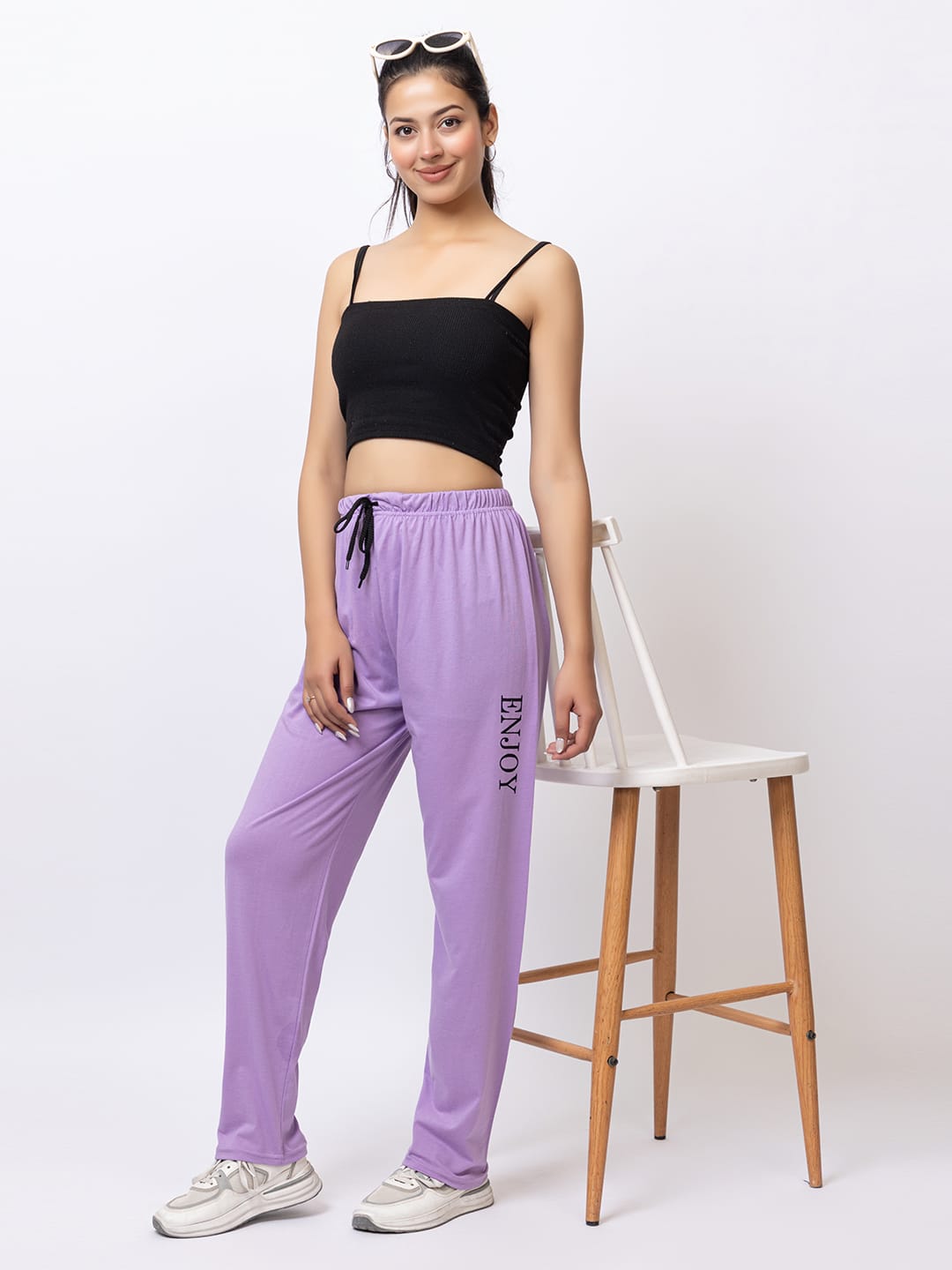 Women’s Lavender Purple Track Pants | “ENJOY” Printed Stylish Joggers | Soft Fabric Casual & Fitness Lower-Size-5XL