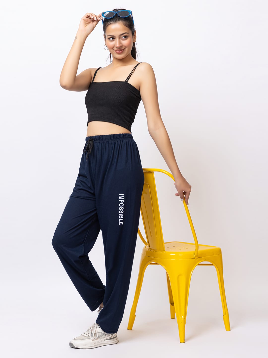Women’s Navy Blue Track Pants | Printed “IMPOSSIBLE” Casual Joggers | Comfortable Gym & Lounge Wear-Size-5XL
