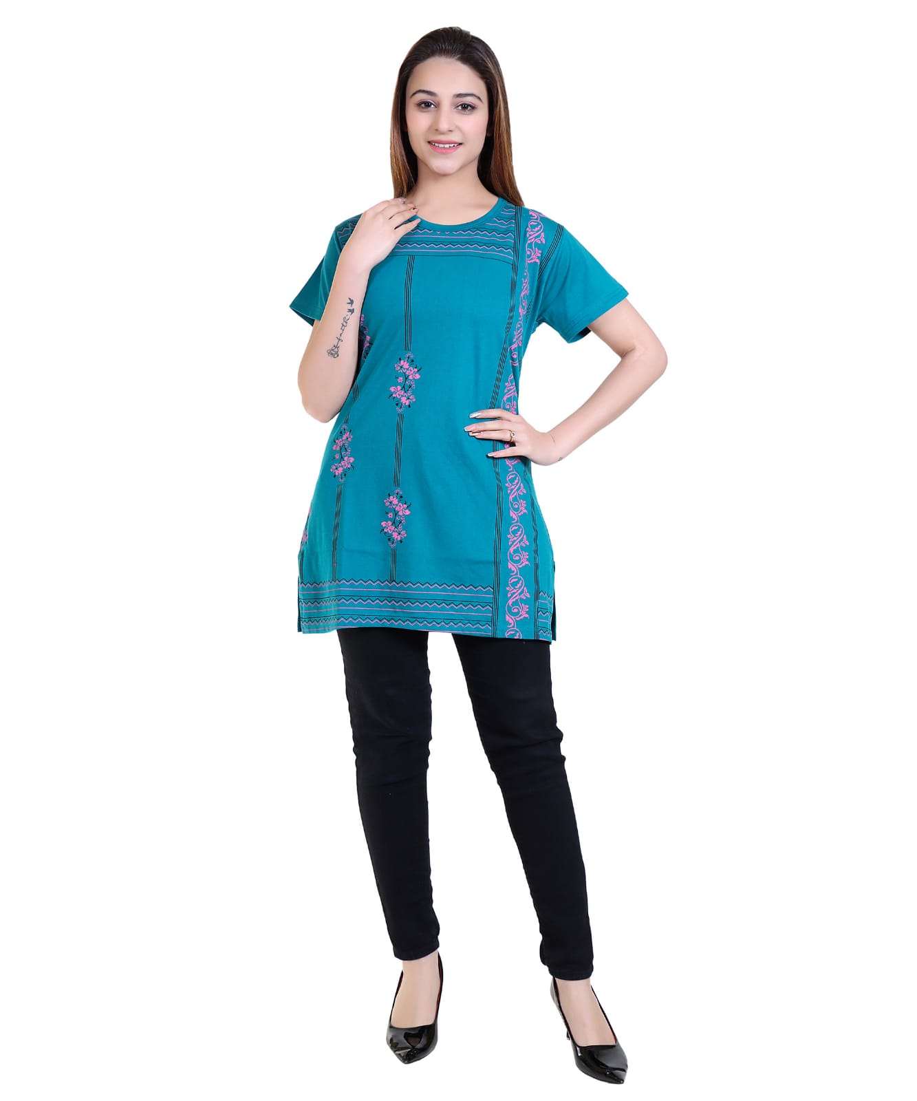Women’s Printed Longline T-Shirt Kurti | Floral Ethnic Design Tunic Top | Round Neck Half Sleeve Casual Wear Kurti Style T-Shirt for Girls & Women | Soft Cotton Blend Regular Fit Daily Wear Top (Teal Blue)-Size-8XL