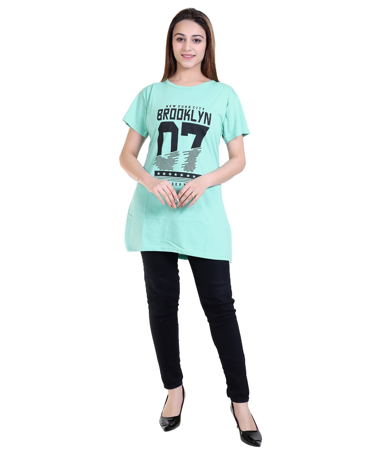 Women’s Casual Printed Longline T-Shirt | “Brooklyn 07 New York City” Graphic Tee | Round Neck Half Sleeve Tunic Top | Soft Cotton Blend Regular Fit Stylish T-Shirt for Girls & Women | Daily Wear Casual Top (Mint Green)-Size-M
