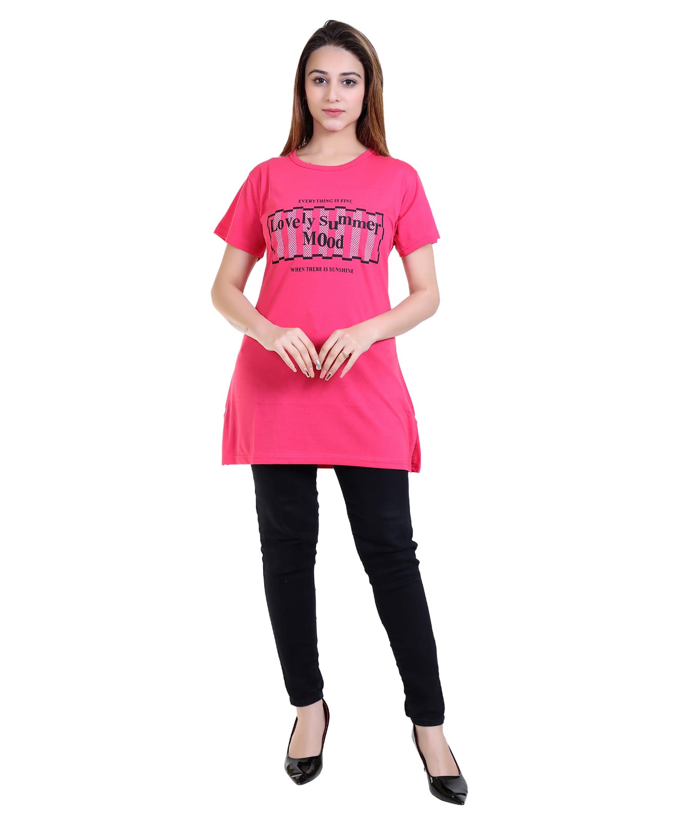Women’s Casual Printed Longline T-Shirt | “Lovely Summer Mood” Graphic Tee | Round Neck Half Sleeve Tunic Top | Soft Cotton Blend Regular Fit Stylish T-Shirt for Girls & Women | Daily Wear Casual Top (Pink)-Size-8XL