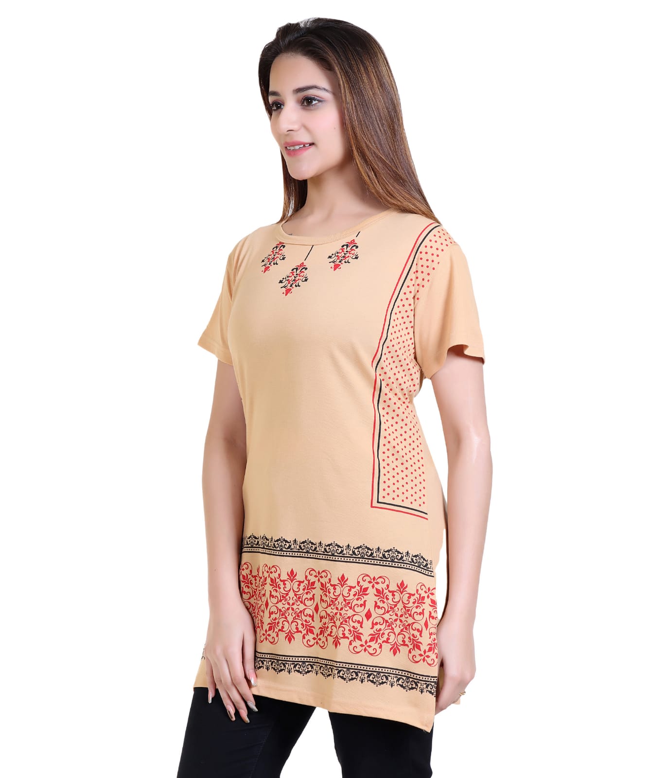 Trendy Women’s Longline Printed T-Shirt | Soft Cotton Beige Kurti Style Top with Floral & Border Print | Comfortable Casual Wear for Office & Daily Use-Size-8XL