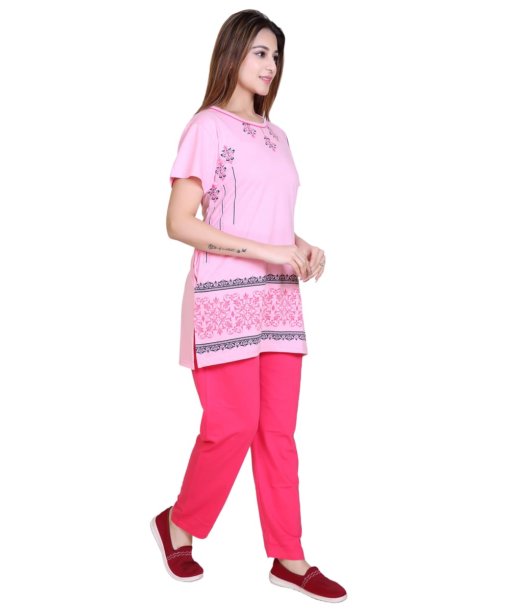 Women’s Long Night Suit T-Shirt with One Side Pocket – Soft Cotton Printed Sleepwear Top for Comfortable Nights-Size-4XL