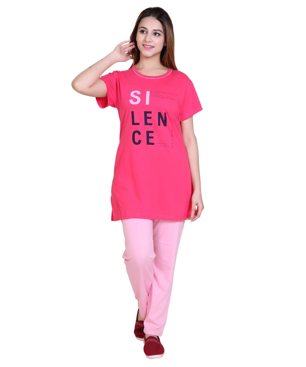 Women’s Graphic Print Longline T-Shirt – Casual Short Sleeve Tunic Top (Pink)-Size-XL