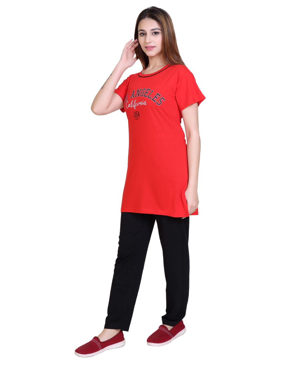 Women’s Long Night Suit with One Side Pocket – Graphic Print T-Shirt & Pyjama Set (Red & Black)-Size-5XL
