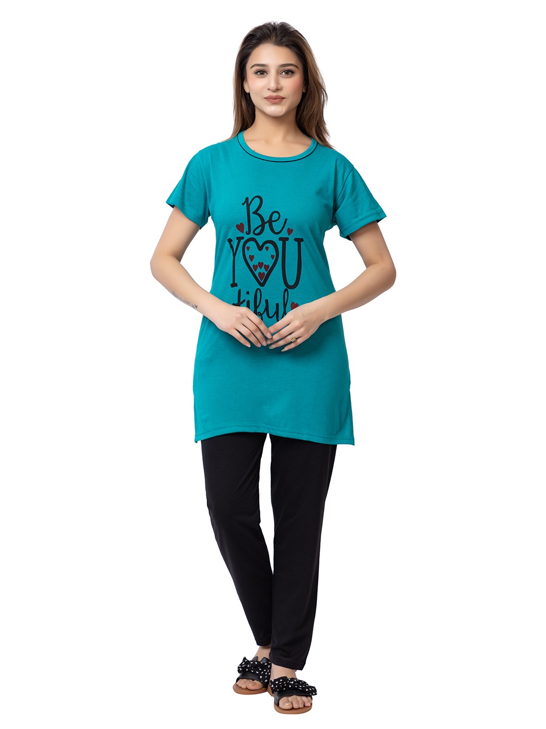 Women’s Long Night Suit with One Side Pocket – Graphic Print T-Shirt & Pyjama Set (Teal & Black)-Size-5XL