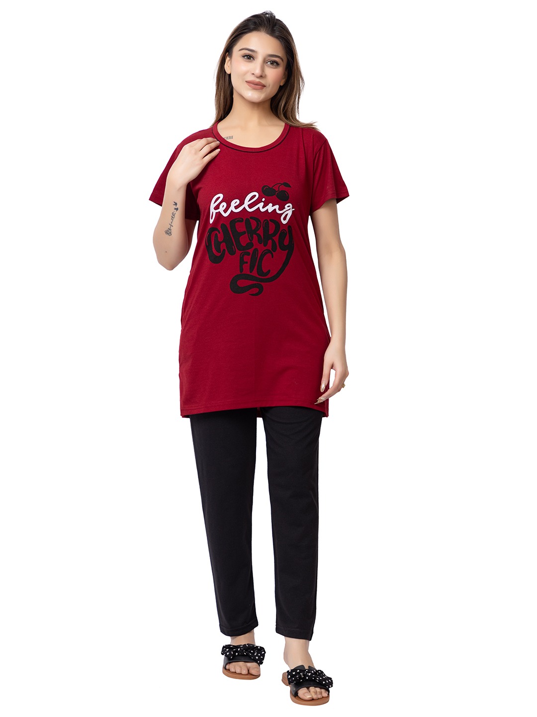 Women’s Long Night Suit with One Side Pocket – Graphic Print T-Shirt & Pyjama Set (Maroon & Black)-Size-5XL