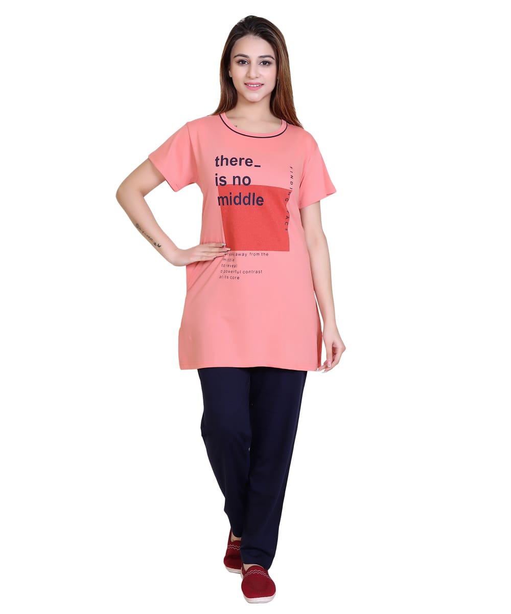 Women’s Graphic Print Longline T-Shirt – Casual Short Sleeve Tunic Top (Peach)-Size-5XL