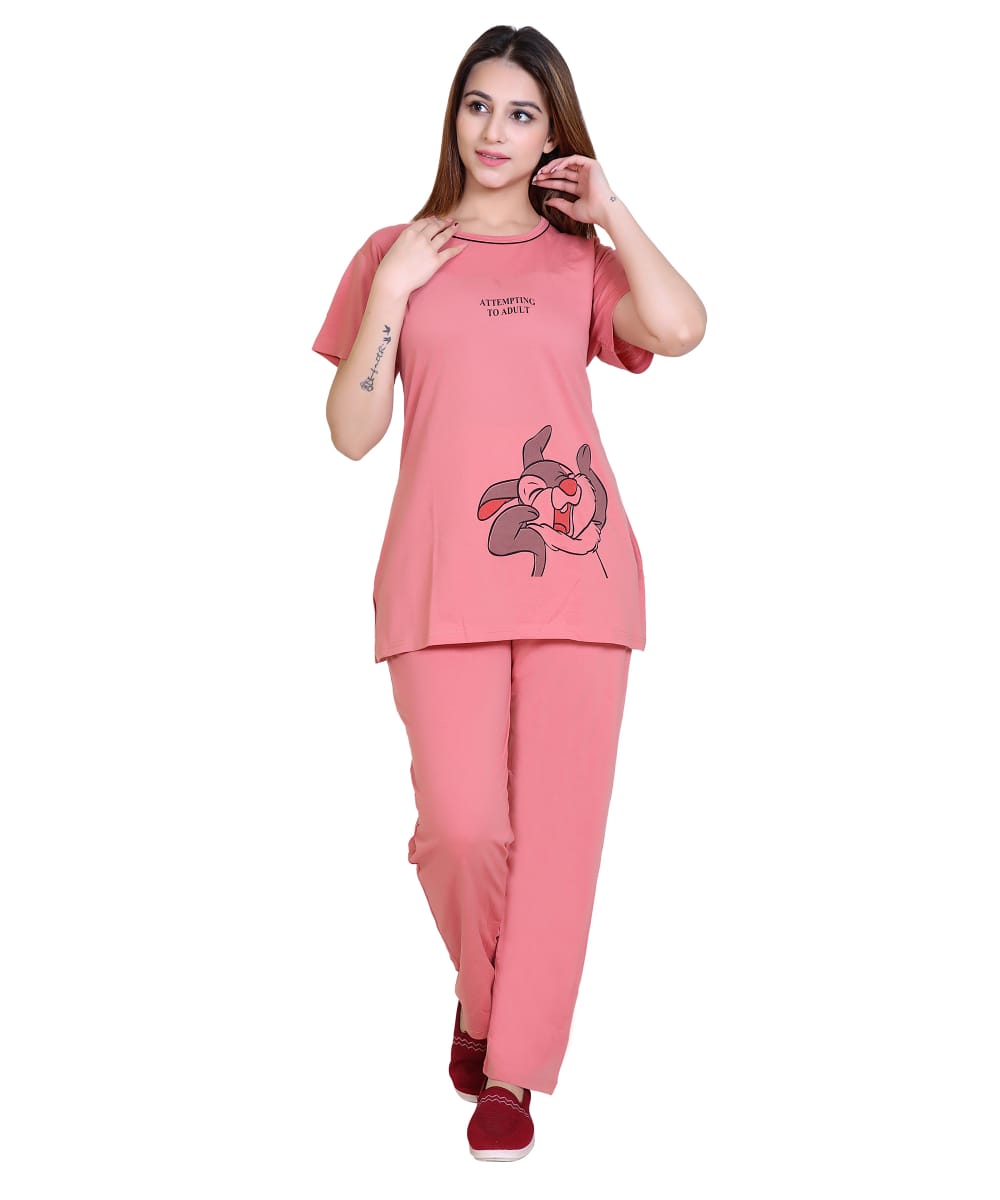 Women’s Cotton Night Suit Set – Pink Graphic Print T-Shirt with Side Slits & Pyjama with Both Side Pockets | Comfortable Sleepwear & Loungewear Set for Women-Size-XXL