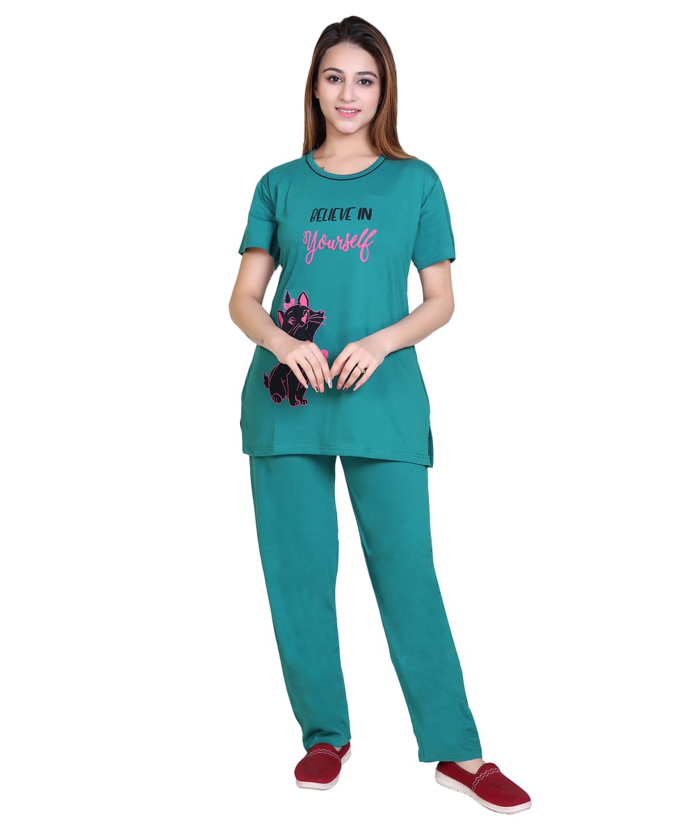 Women’s Cotton Night Suit Set – Teal Green Graphic Print T-Shirt with Side Slits & Pyjama with Both Side Pockets | Comfortable Sleepwear & Loungewear Set for Women-Size-XXL