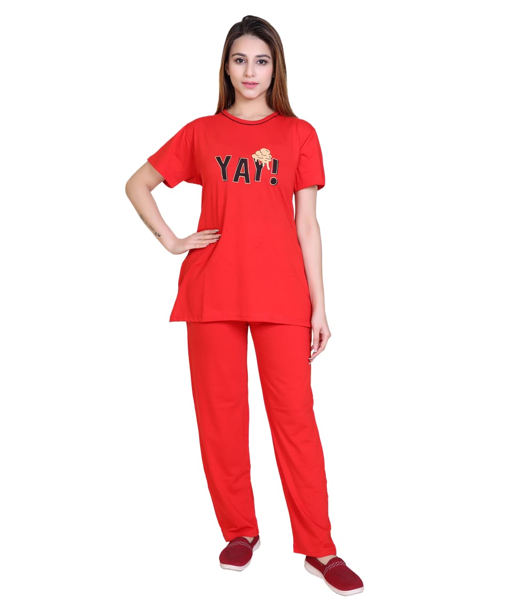 Women’s Cotton Night Suit Set – Red Graphic Print T-Shirt with Side Slits & Pyjama with Both Side Pockets | Comfortable Sleepwear & Loungewear Set-Size-XL