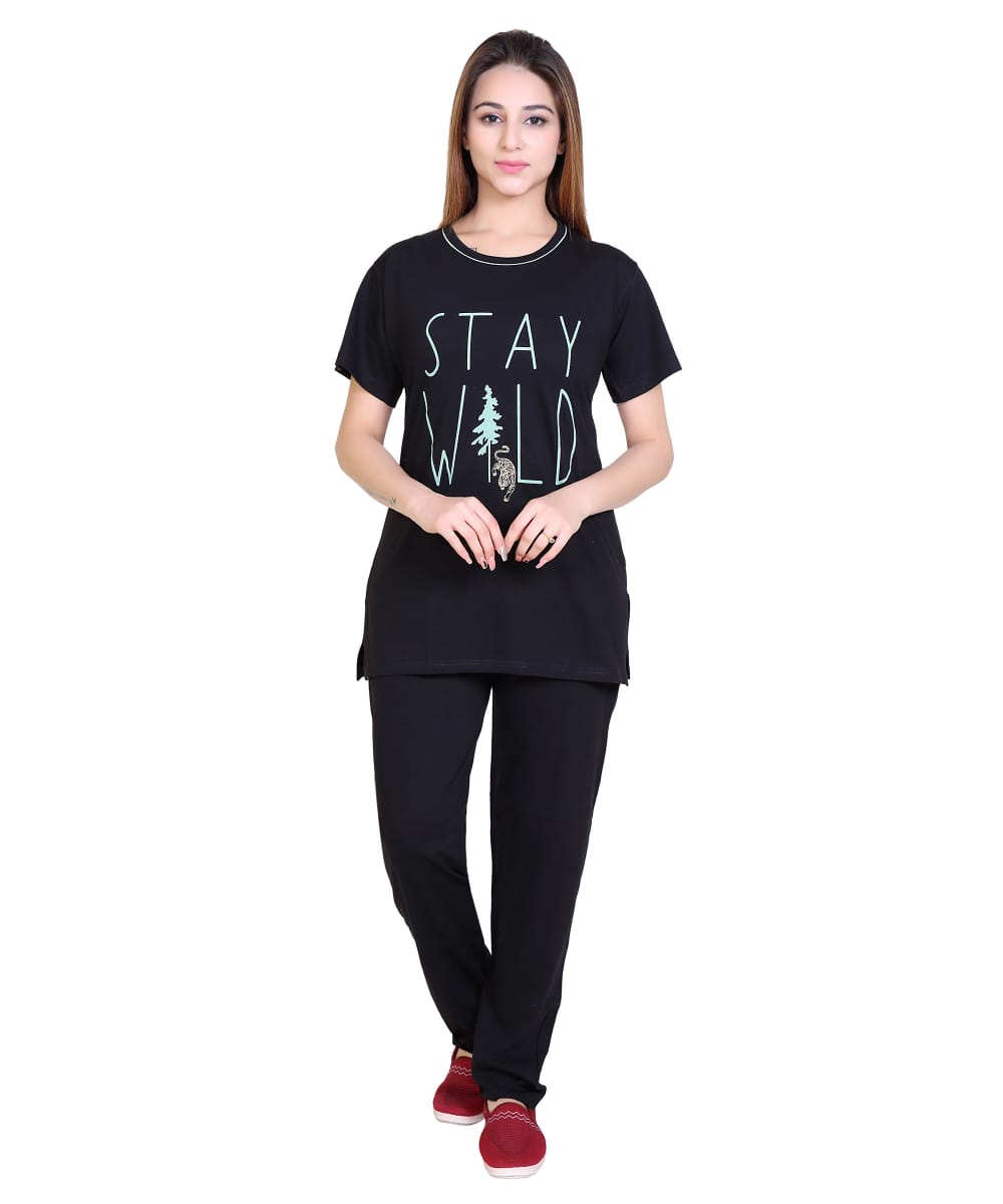 Night Suit Set – Printed T-Shirt with Side Cuts & Lower with Both Side Pockets-Size-XXL