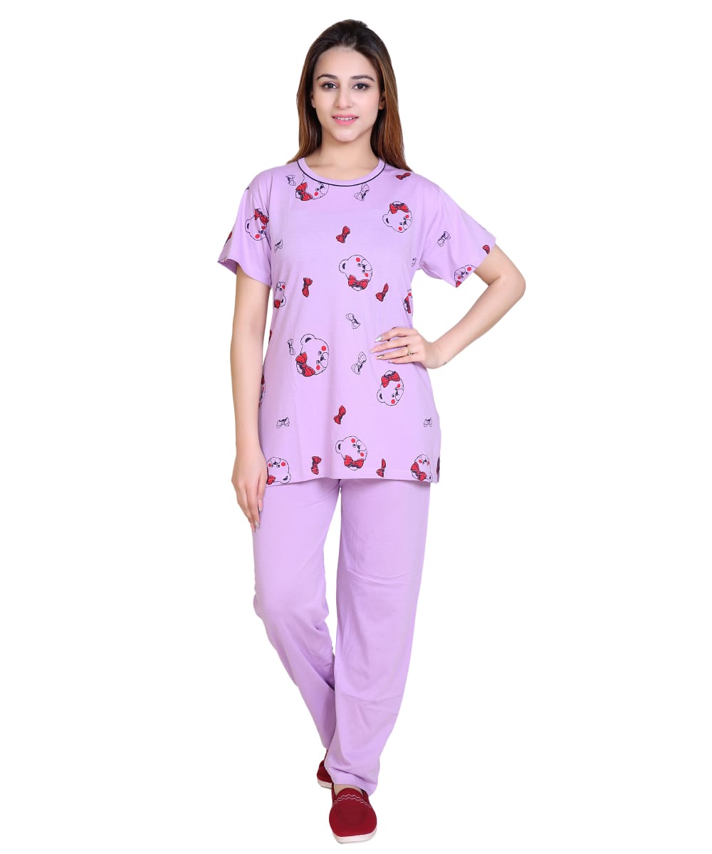Night Suit Set – Printed T-Shirt with Side Cuts & Lower with Both Side Pockets (Lavender)-Size-XXL