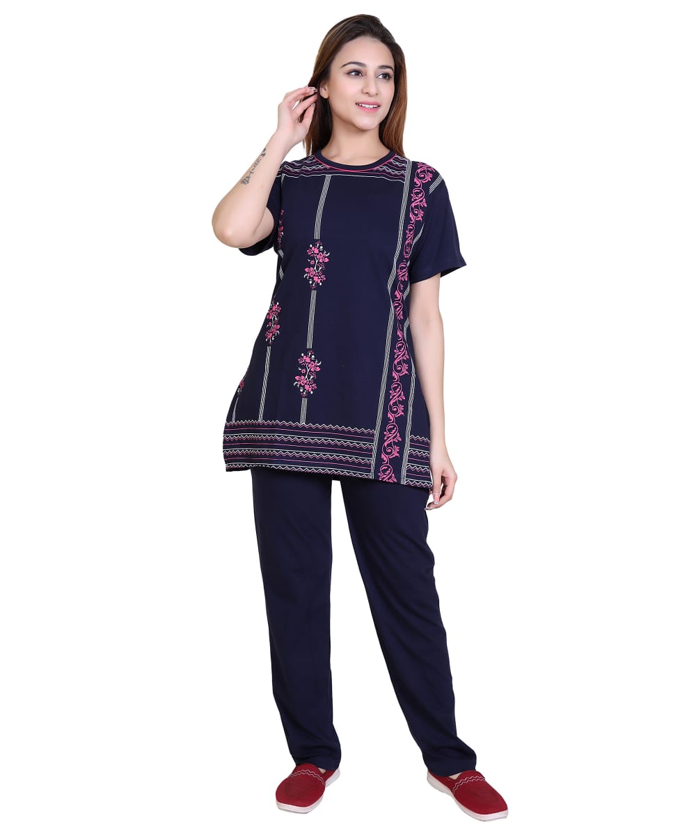 Night Suit Set – Designer Printed T-Shirt with Side Cuts & Lower with Both Side Pockets (Navy Blue)-Size-XXL