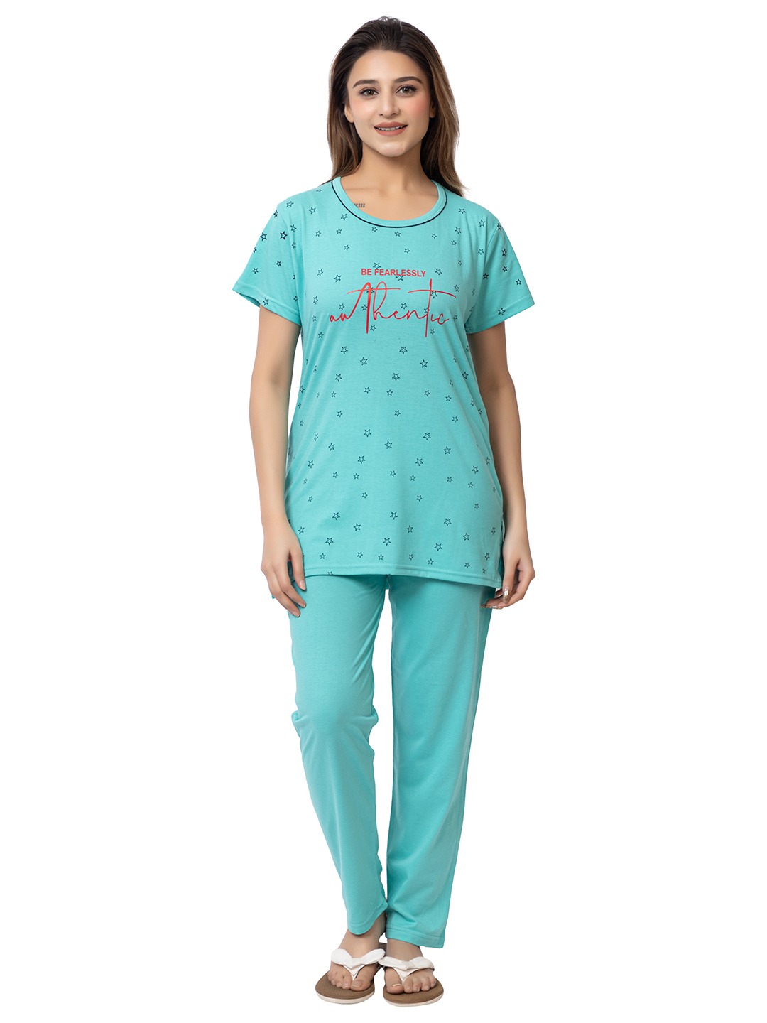 Night Suit Set – Printed T-Shirt with Side Cuts & Lower with Both Side Pockets (Mint Green)-Size-XXL
