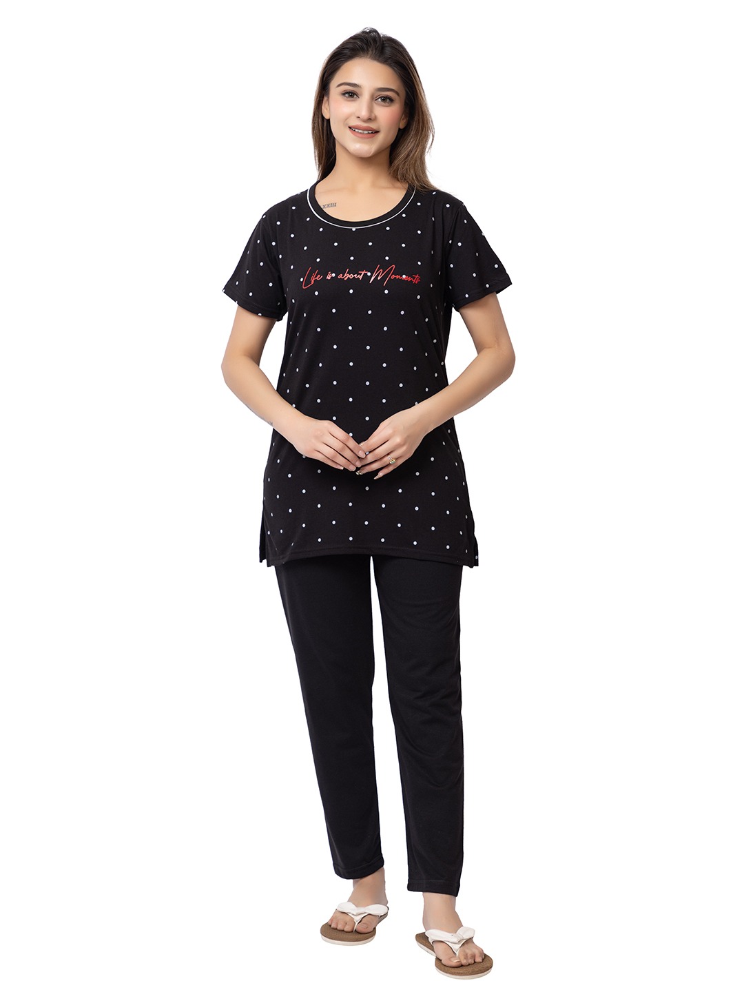 Night Suit Set – Polka Dot Printed T-Shirt with Side Cuts & Lower with Both Side Pockets (Black)-Size-XXL