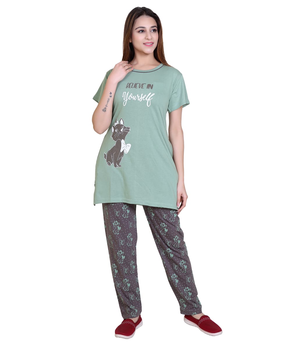Women Printed Night Suit Set with Side Cut T-Shirt & Both Side Pocket Lower | Soft Cotton Comfortable Sleepwear | Stylish Lounge Wear for Daily Use-Size-XXL