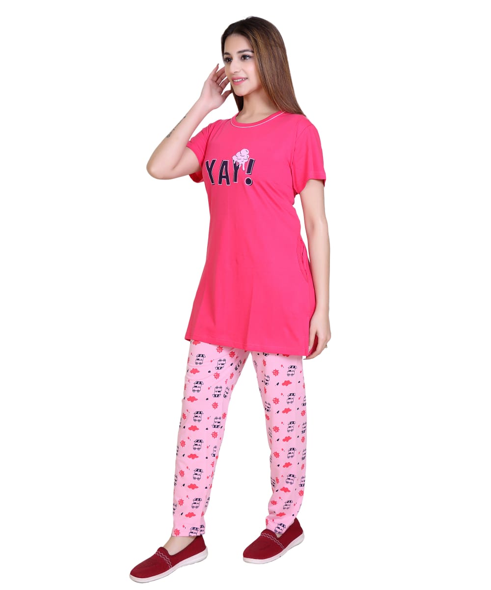 Women’s Pink Cotton Night Suit Set – “YAY!” Printed T-Shirt with Printed Pajama | Comfortable Sleepwear with Side Pockets & Side Slits-Size-XXL