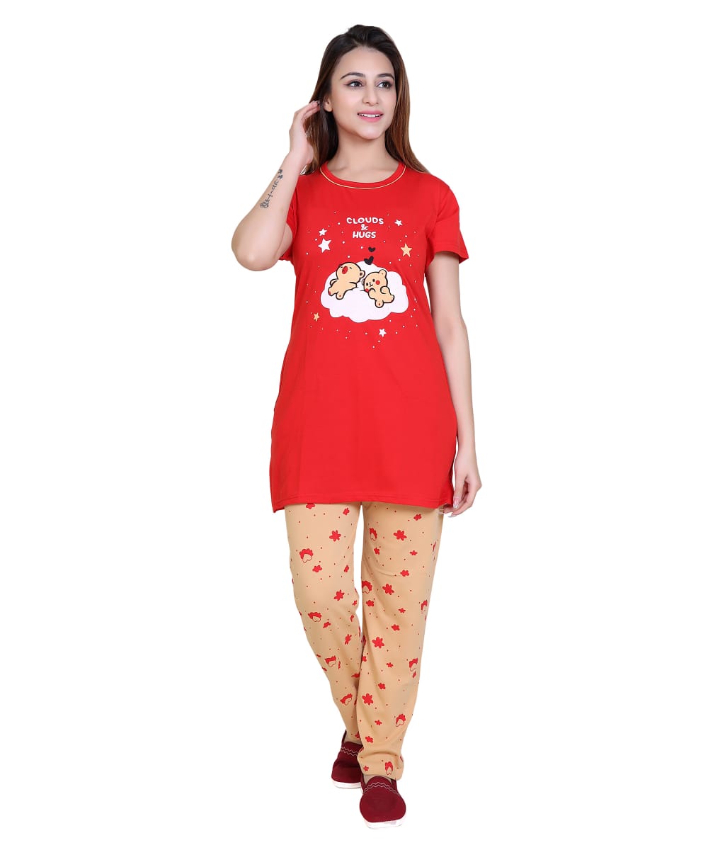 Women’s Red Cotton Night Suit Set – “Clouds & Hugs” Printed T-Shirt with Printed Pajama | Soft Sleepwear with Side Slits & Comfortable Fit-Size-XXL