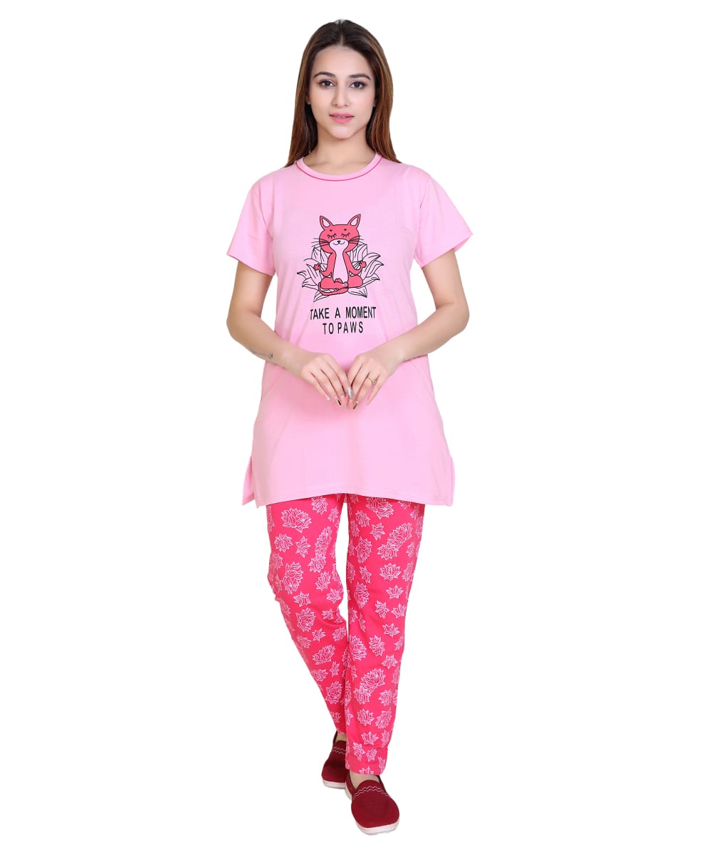 Women’s Pink Cotton Night Suit Set – “Take a Moment to Paws” Cat Print T-Shirt with Printed Pajama | Soft & Comfortable Sleepwear with Side Slits-Size-XXL