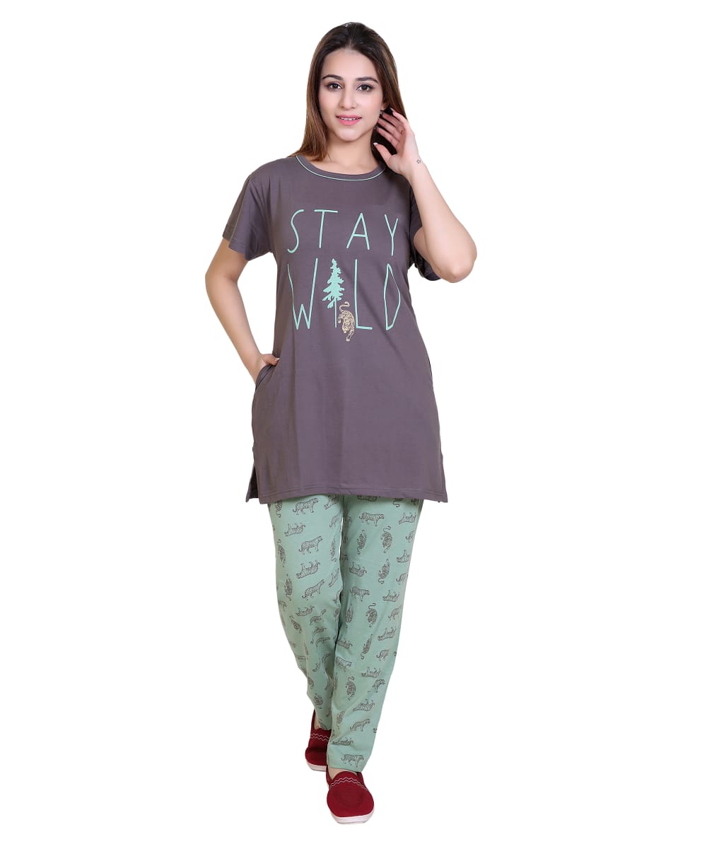 Women’s Cotton Night Suit Set – “Stay Wild” Printed T-Shirt with Printed Pajama | Comfortable Loungewear with Side Pockets & Side Slits-Size-XXL