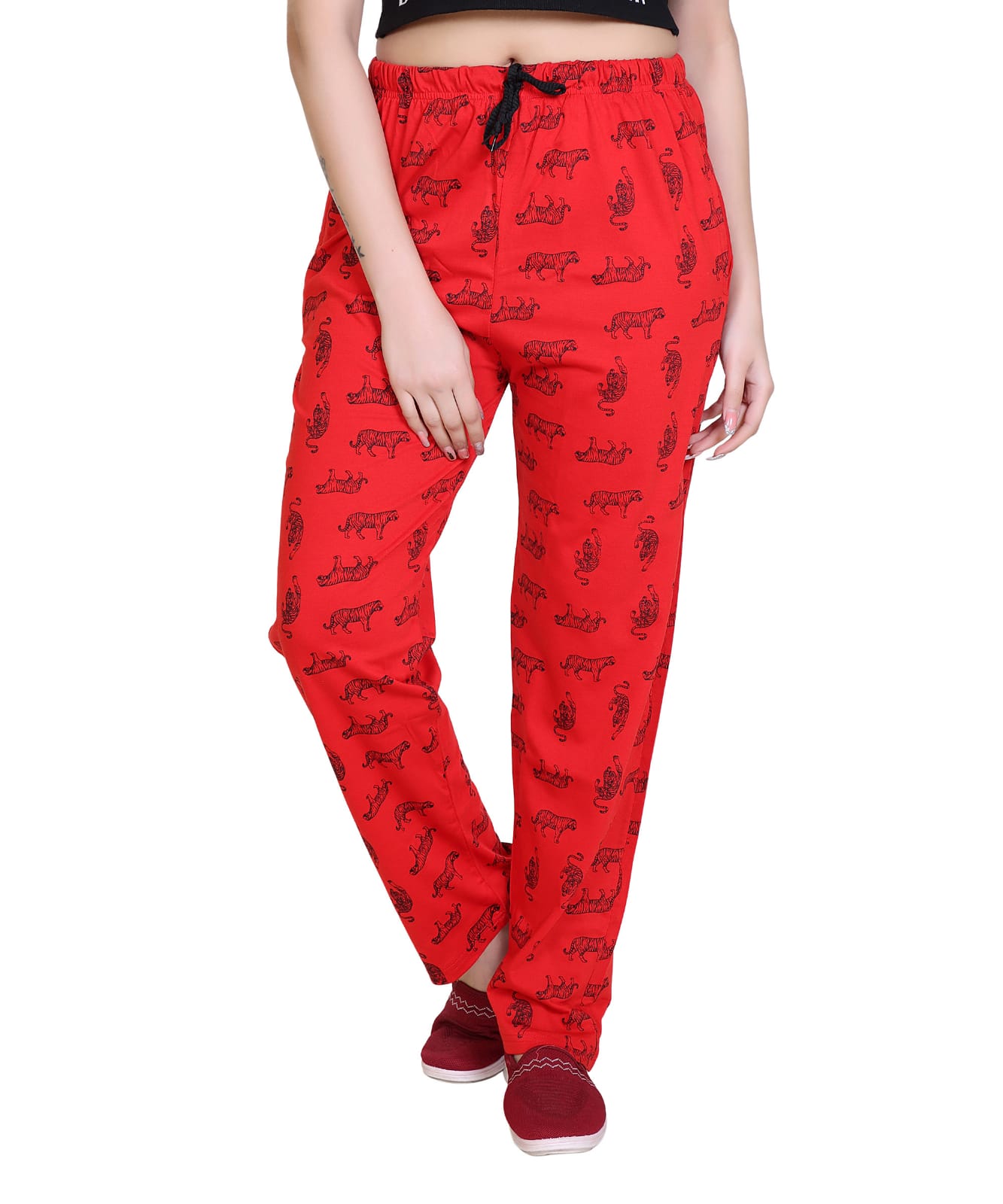 Women’s Red Printed Track Pants | Stylish Tiger Print Cotton Joggers | Elastic Waist Casual Lounge & Night Wear Lower-Size-XXL
