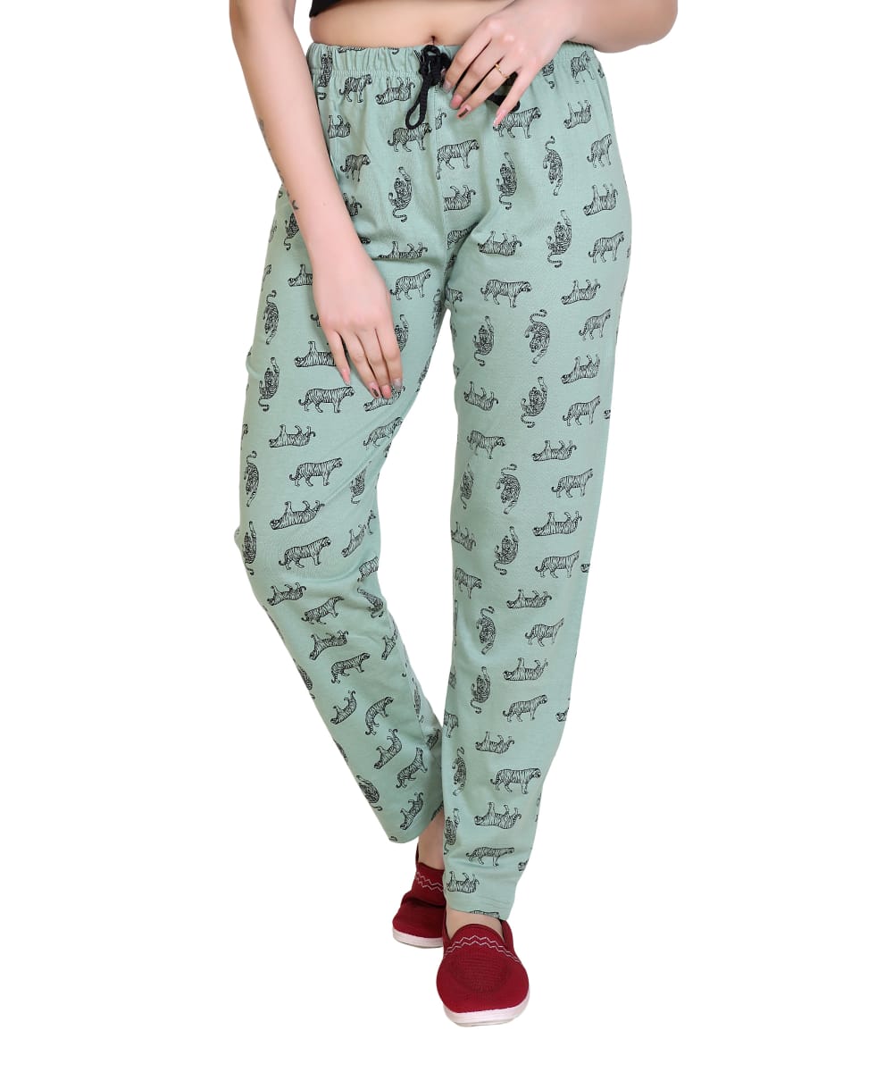Women’s Mint Green Printed Track Pants | Tiger Print Stylish Joggers | Soft Cotton Casual Lounge & Sleepwear Lower-Size-XXL